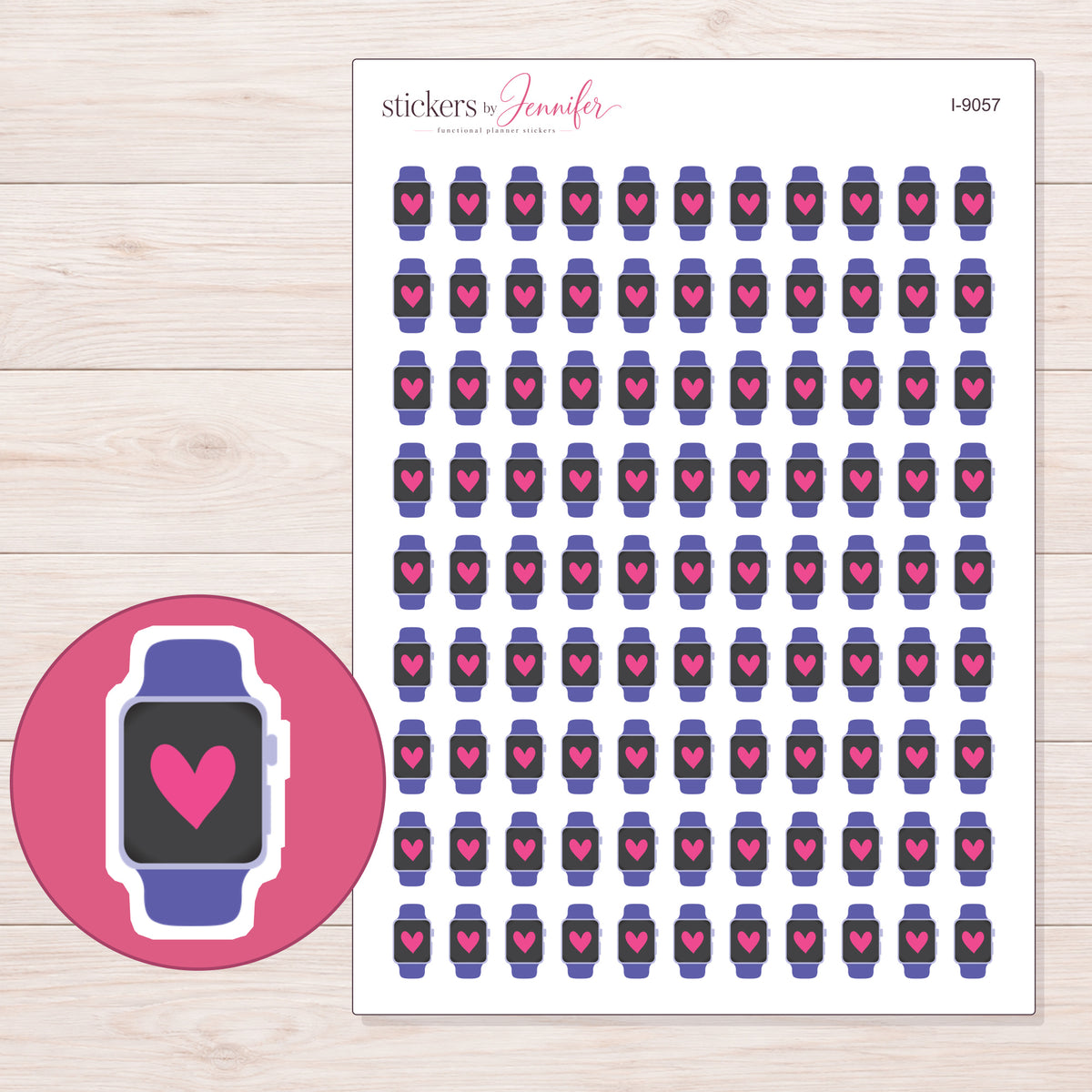 Purple Heart Smartwatch Planner Stickers | I-9057 — 5 × 7 inch sheet and enlarged sticker detail