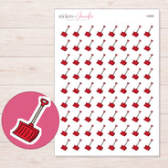 Red Snow Shovel Planner Stickers | I-9060 — 5 × 7 inch sheet and enlarged sticker detail