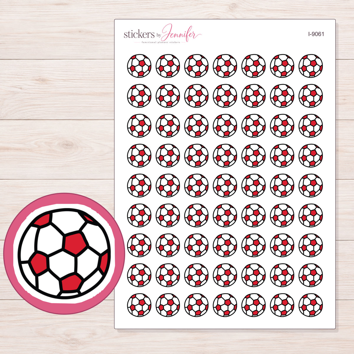 Red and White Soccer Ball Planner Stickers | I-9061 — 5 × 7 inch sheet and enlarged sticker detail