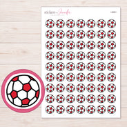 Red and White Soccer Ball Planner Stickers | I-9061 — 5 × 7 inch sheet and enlarged sticker detail