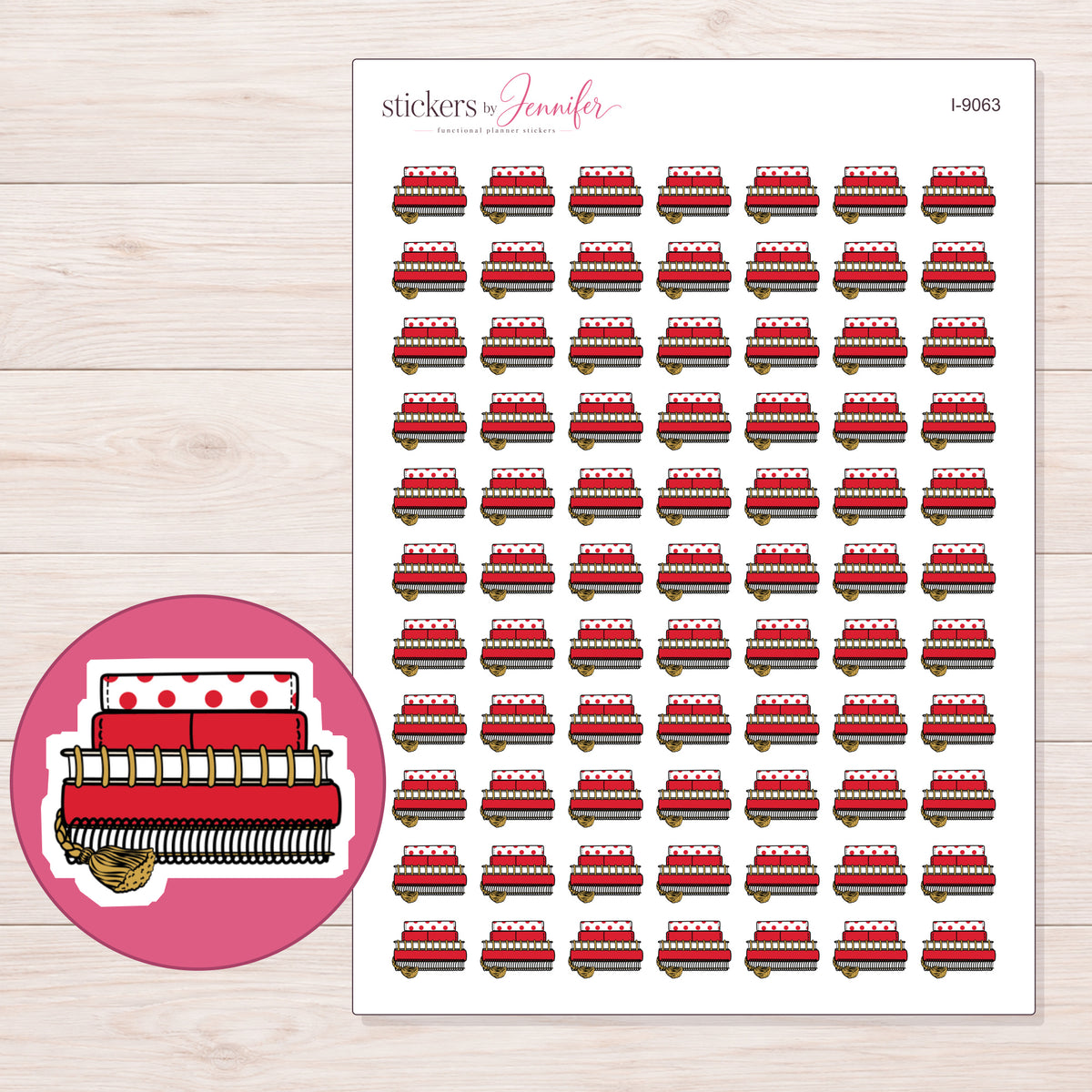 Stack of Red Planners Planner Stickers | I-9063 — 5 × 7 inch sheet and enlarged sticker detail