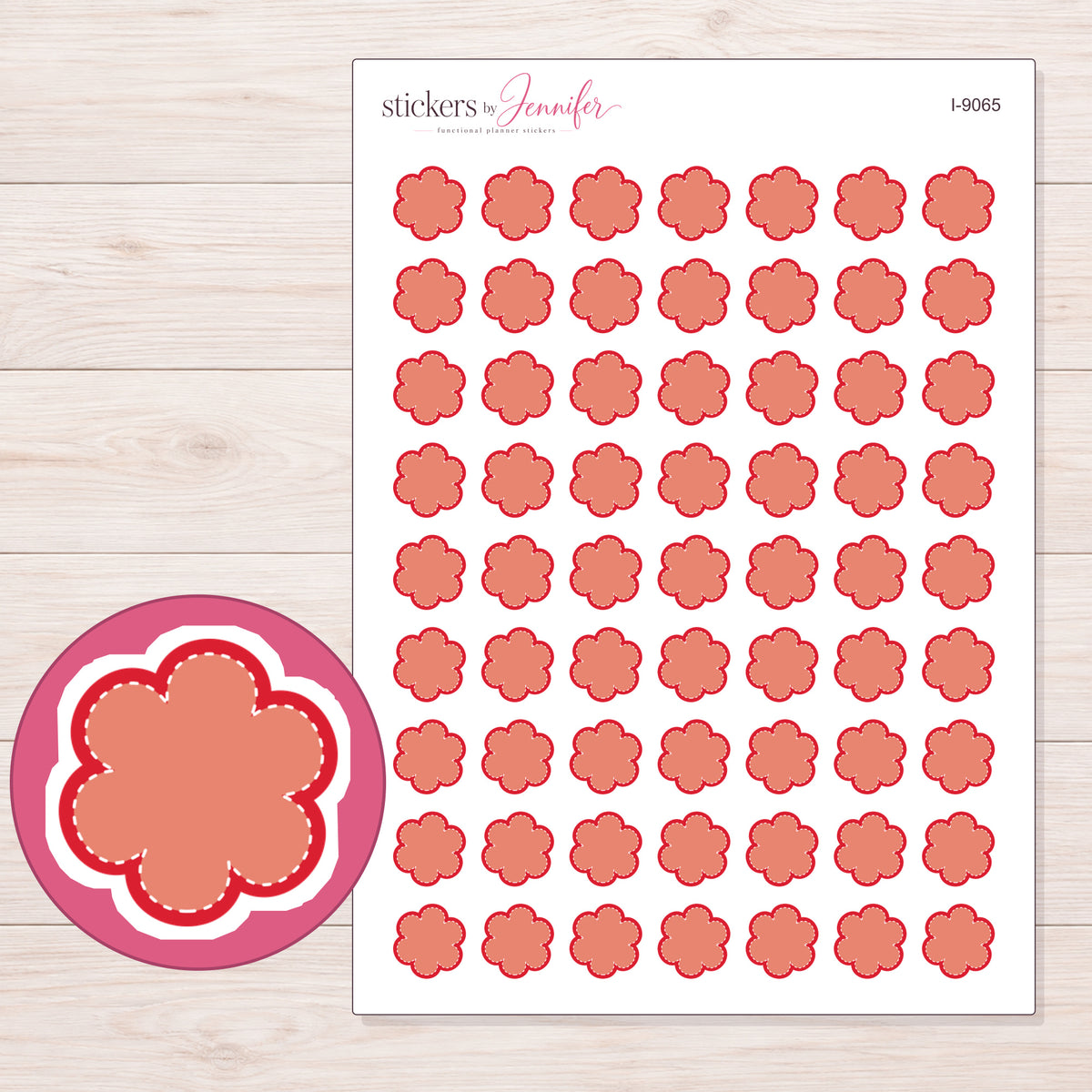 Coral Stitched Flower Planner Stickers | I-9065 — 5 × 7 inch sheet and enlarged sticker detail
