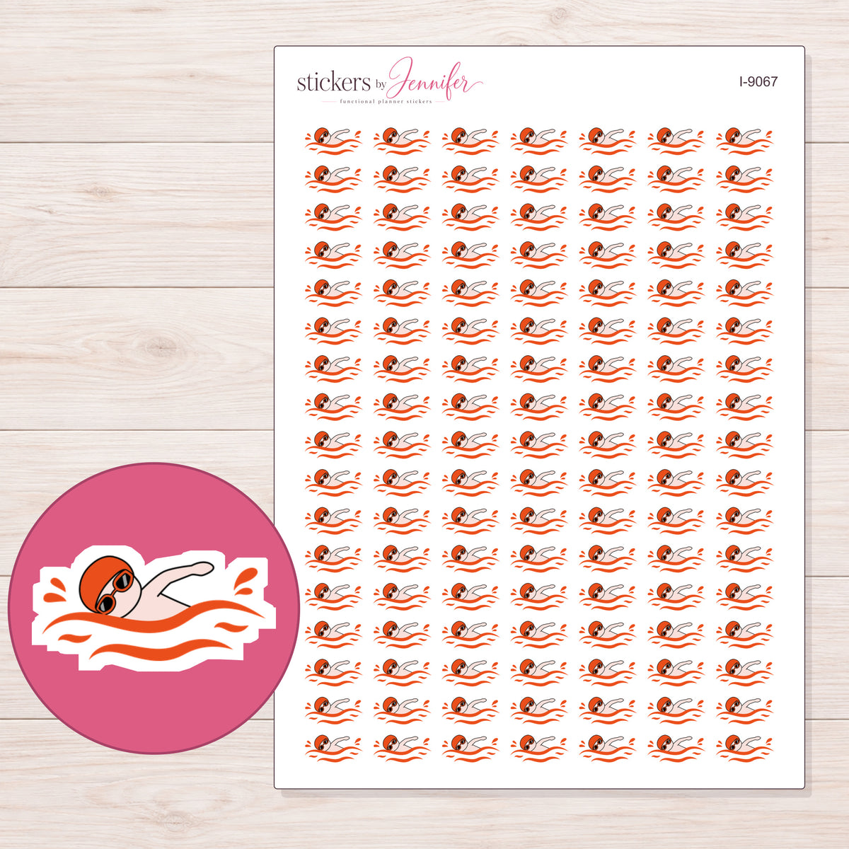 Orange Cap Swimmer Planner Stickers | I-9067 — 5 × 7 inch sheet and enlarged sticker detail