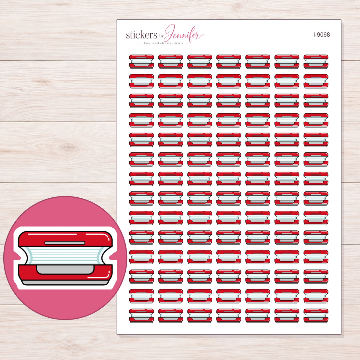 Red Tanning Bed Planner Stickers | I-9068 — 5 × 7 inch sheet and enlarged sticker detail