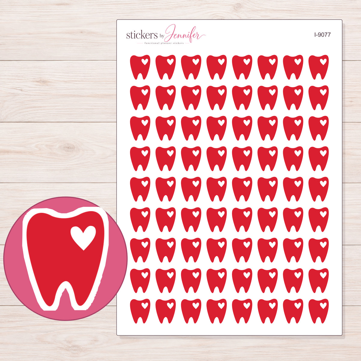 Red Heart Tooth Planner Stickers | I-9077 — 5 × 7 inch sheet and enlarged sticker detail