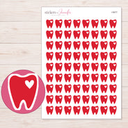 Red Heart Tooth Planner Stickers | I-9077 — 5 × 7 inch sheet and enlarged sticker detail