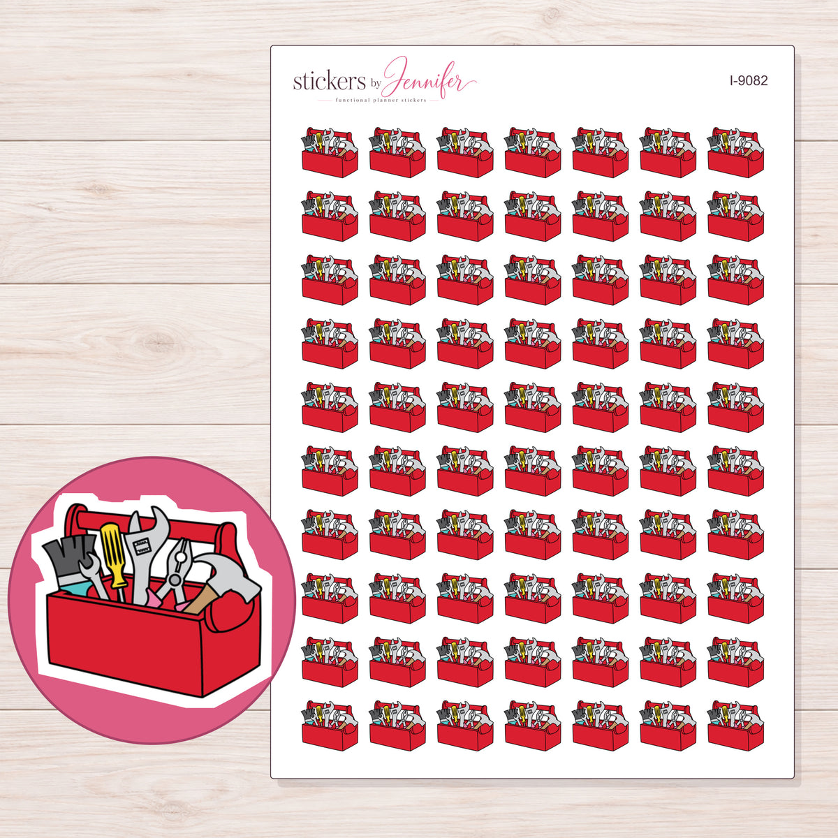 Red Toolbox Planner Stickers | I-9082 — 5 × 7 inch sheet and enlarged sticker detail