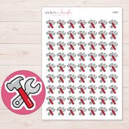Red Hammer and Wrench Planner Stickers | I-9083 — 5 × 7 inch sheet and enlarged sticker detail