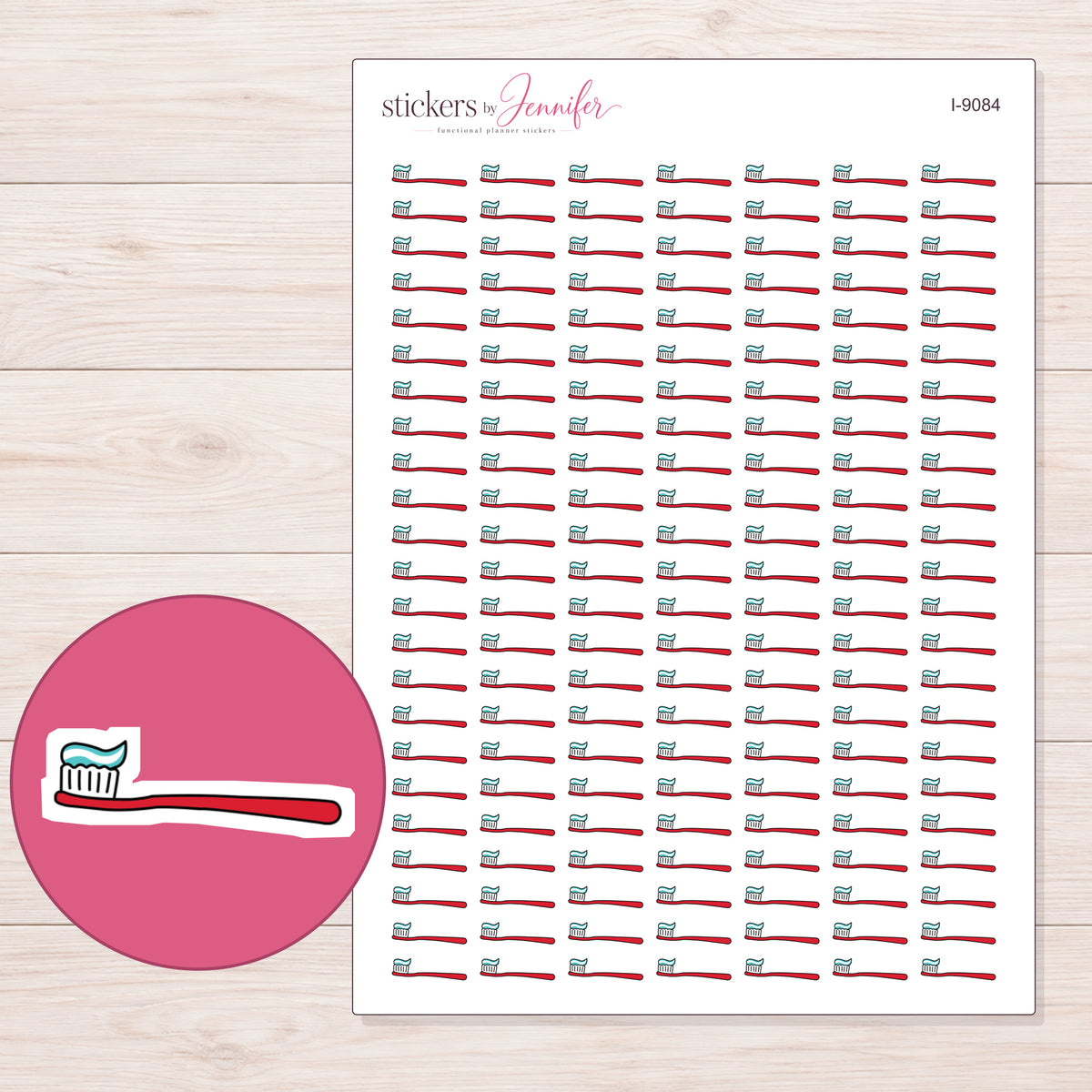 Red Toothbrush Planner Stickers | I-9084 — 5 × 7 inch sheet and enlarged sticker detail