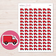Red Delivery Truck Planner Stickers | I-9087 — 5 × 7 inch sheet and enlarged sticker detail