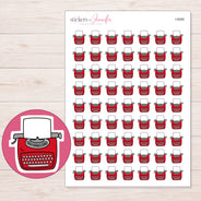 Red Typewriter Planner Stickers | I-9088 — 5 × 7 inch sheet and enlarged sticker detail