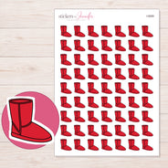 Red Cozy Boot Planner Stickers | I-9089 — 5 × 7 inch sheet and enlarged sticker detail