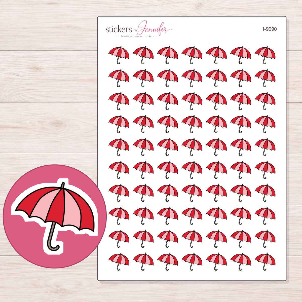 Red Umbrella Planner Stickers | I-9090 — 5 × 7 inch sheet and enlarged sticker detail