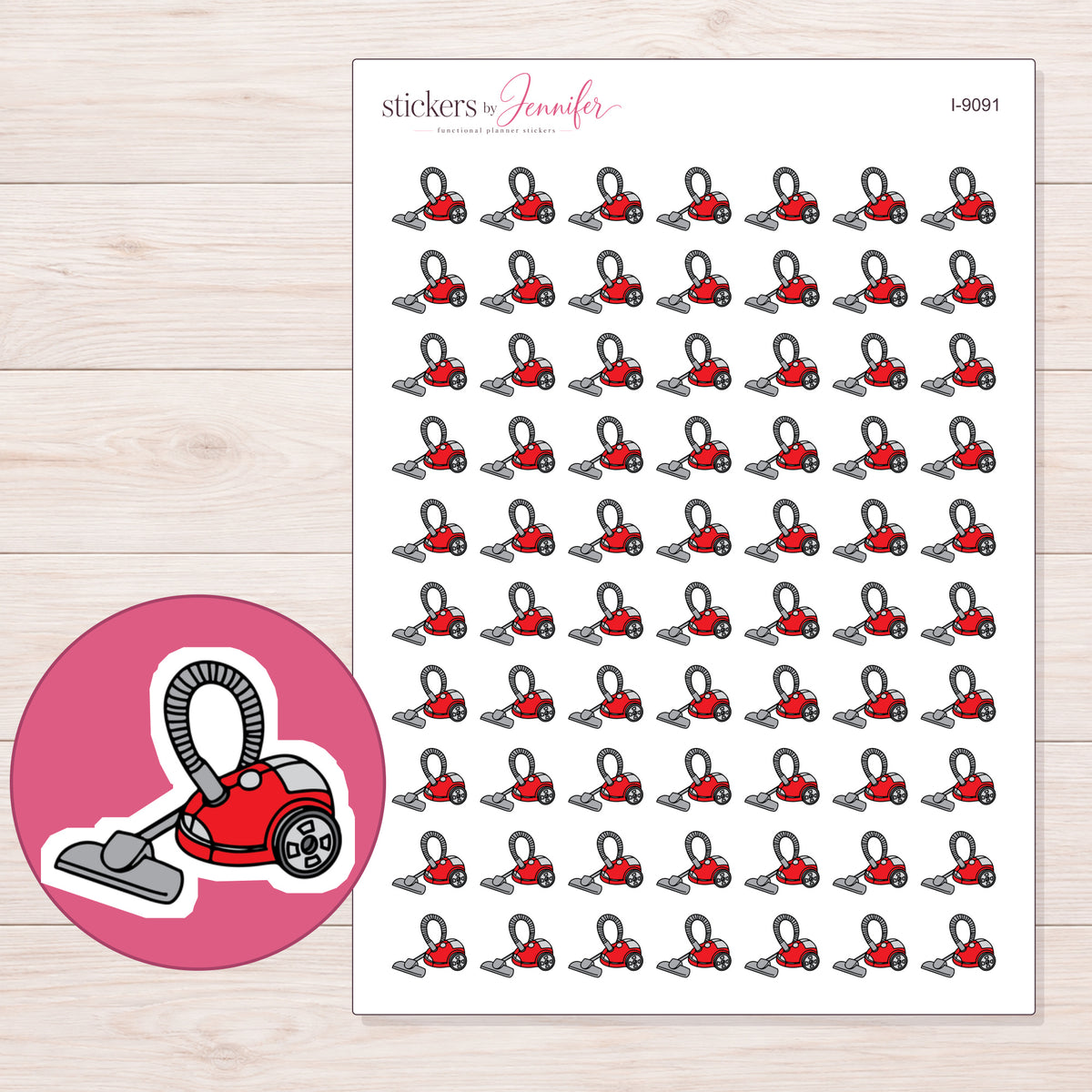 Red Canister Vacuum Planner Stickers | I-9091 — 5 × 7 inch sheet and enlarged sticker detail