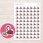 Red Canister Vacuum Planner Stickers | I-9091 — 5 × 7 inch sheet and enlarged sticker detail