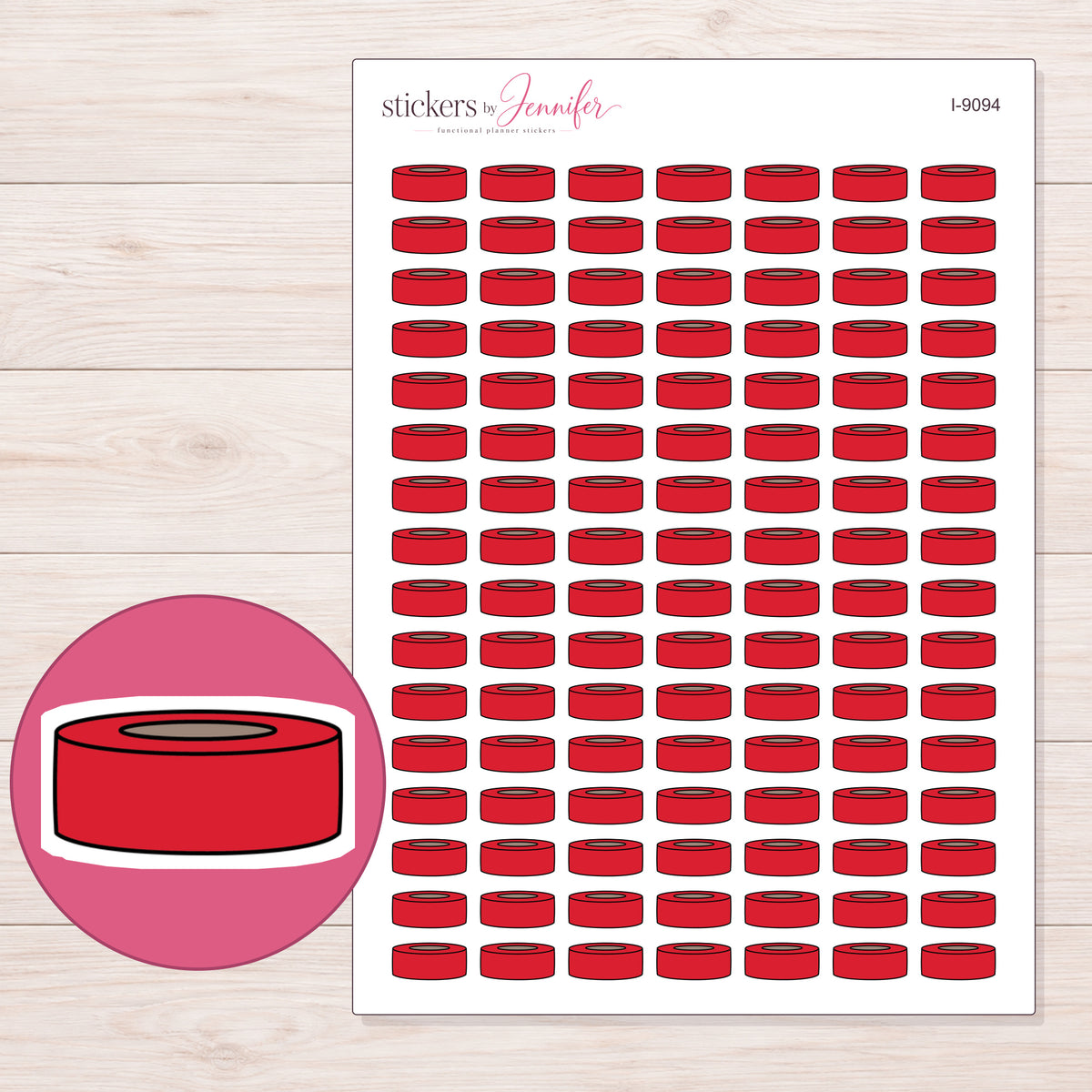 Simple Red Washi Roll Planner Stickers | I-9094 — 5 × 7 inch sheet and enlarged sticker detail