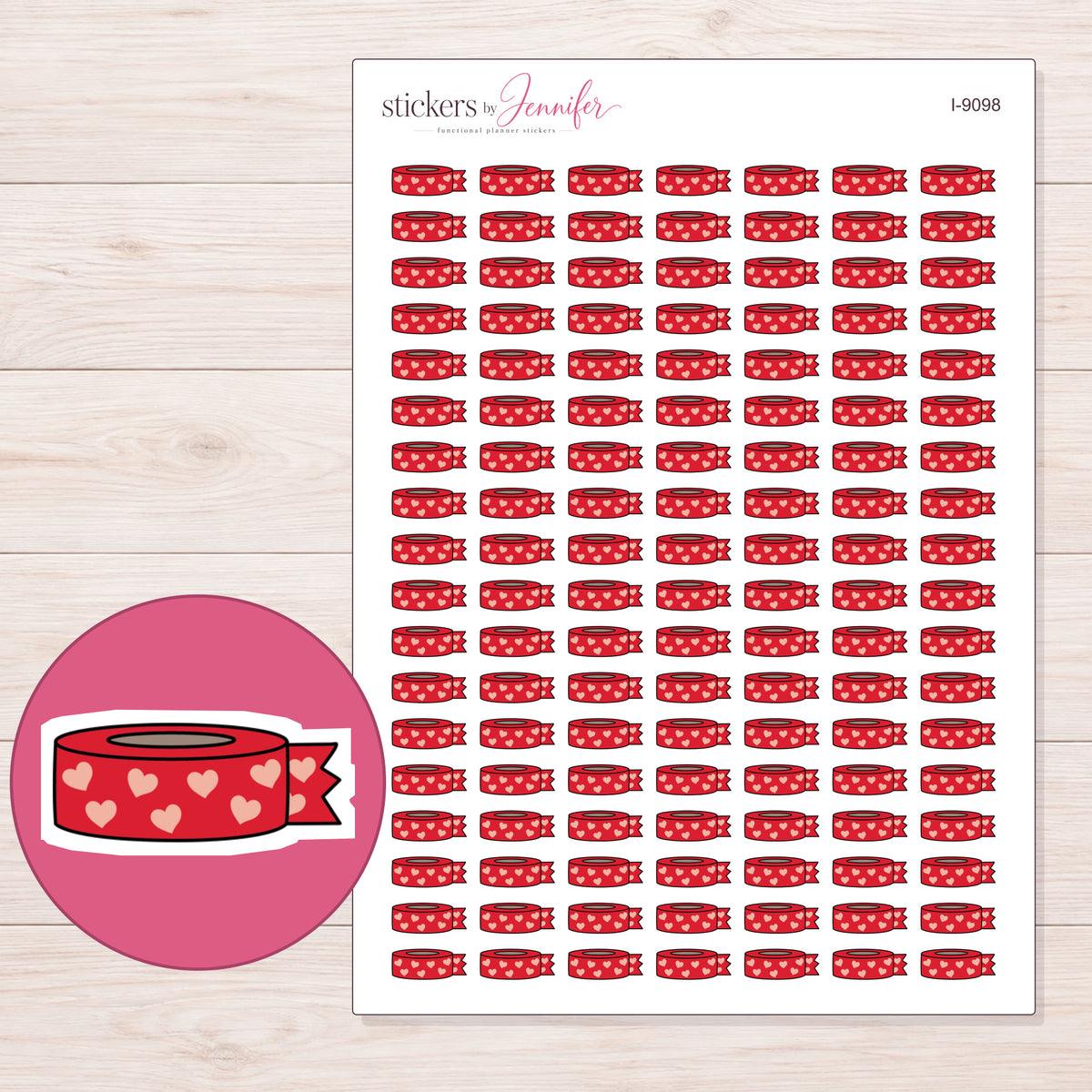 Red Heart Washi Roll with Loose End Planner Stickers | I-9098 — 5 × 7 inch sheet and enlarged sticker detail