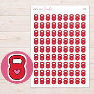 Red Heart Kettlebell Planner Stickers | I-9102 — 5 × 7 inch sheet and enlarged sticker detail
