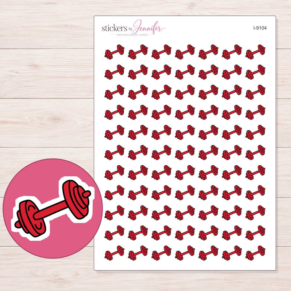 Red Dumbbell Planner Stickers | I-9104 — 5 × 7 inch sheet and enlarged sticker detail