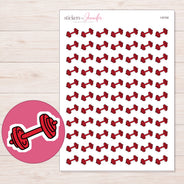 Red Dumbbell Planner Stickers | I-9104 — 5 × 7 inch sheet and enlarged sticker detail