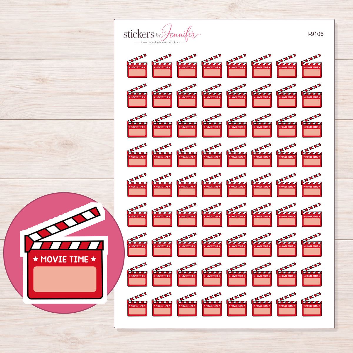 Red Movie Time Clapperboard Planner Stickers | I-9106 — 5 × 7 inch sheet and enlarged sticker detail