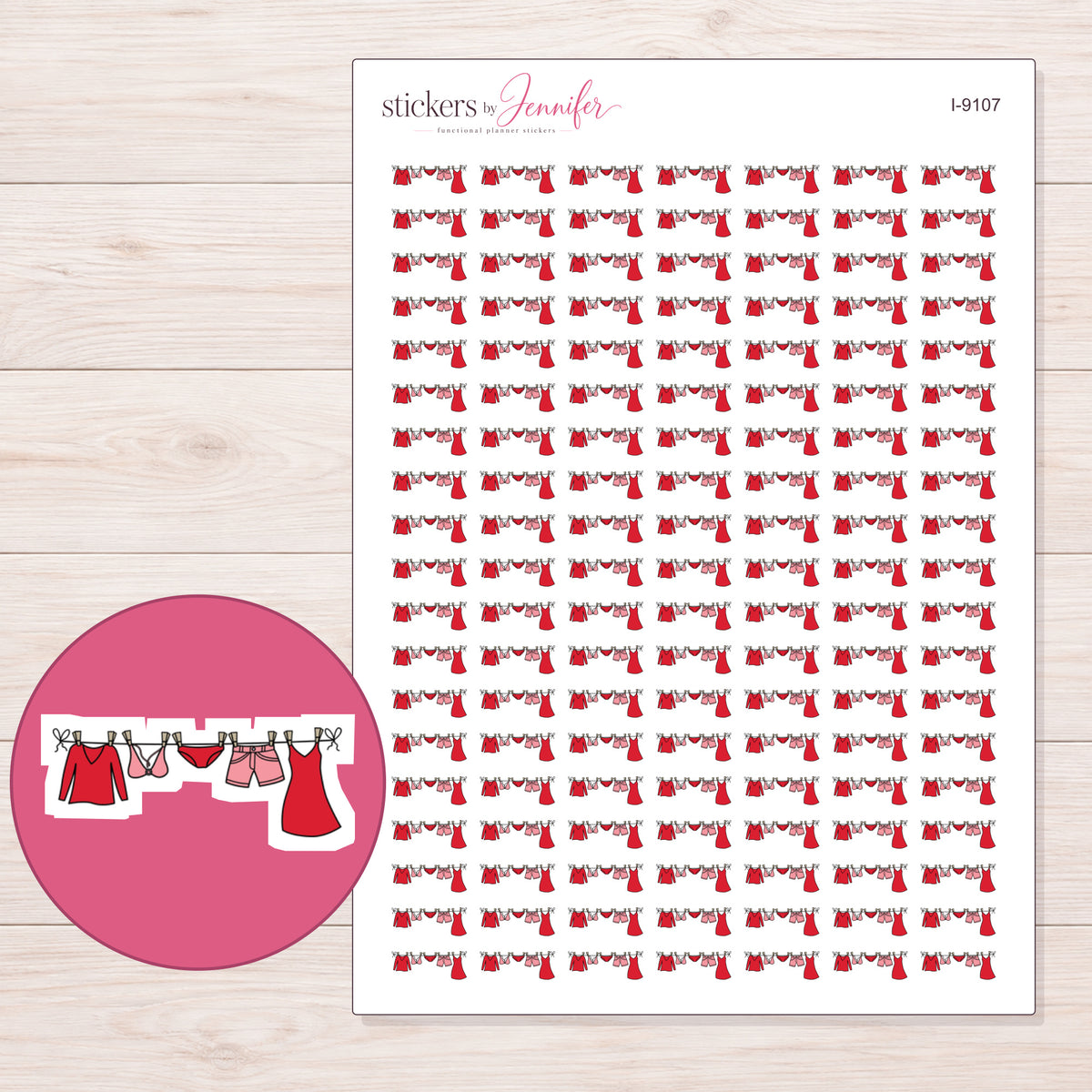 Red Clothesline Planner Stickers | I-9107 — 5 × 7 inch sheet and enlarged sticker detail
