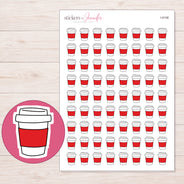 Red Sleeve Takeaway Coffee Planner Stickers | I-9108 — 5 × 7 inch sheet and enlarged sticker detail