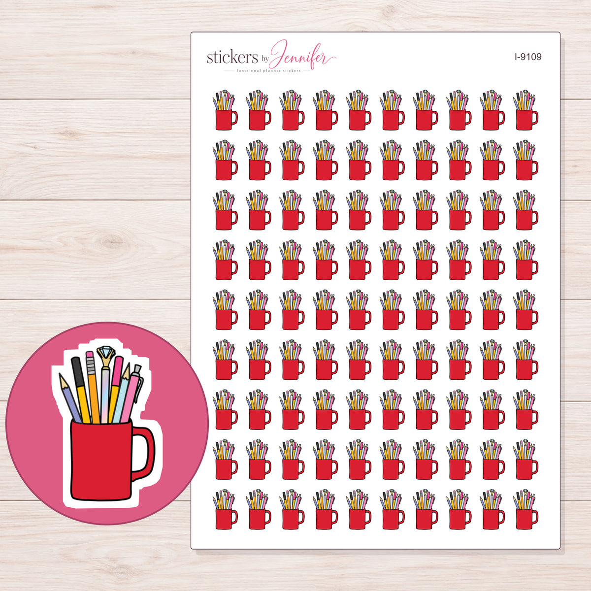 Red Mug of Pens and Pencils Planner Stickers | I-9109 — 5 × 7 inch sheet and enlarged sticker detail