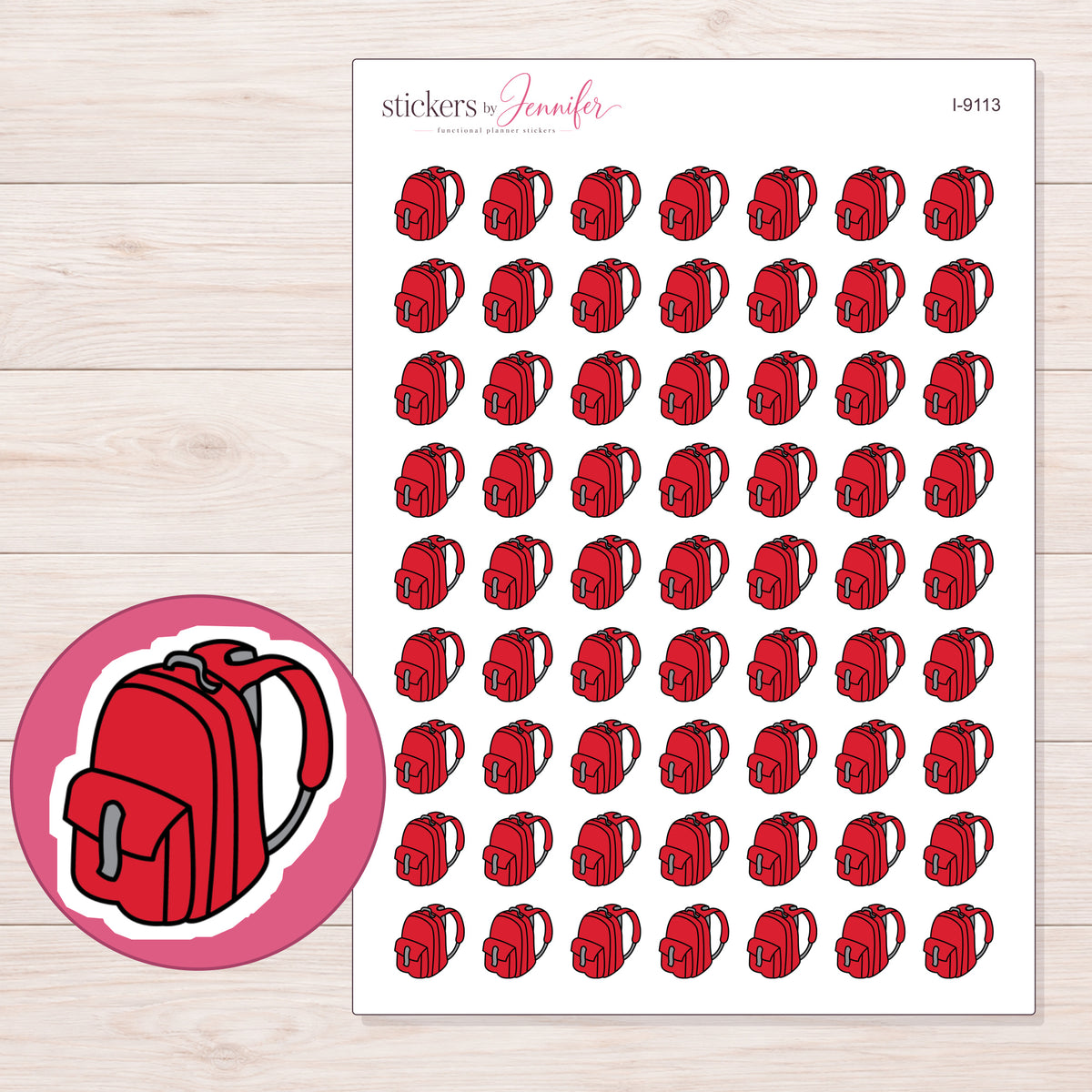 Red School Backpack Planner Stickers | I-9113 — 5 × 7 inch sheet and enlarged sticker detail