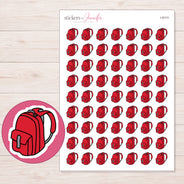 Red School Backpack Planner Stickers | I-9113 — 5 × 7 inch sheet and enlarged sticker detail