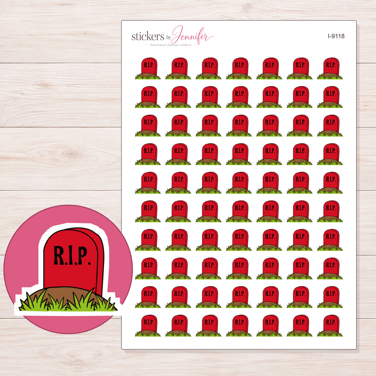 Red RIP Headstone Planner Stickers | I-9118 — 5 × 7 inch sheet and enlarged sticker detail
