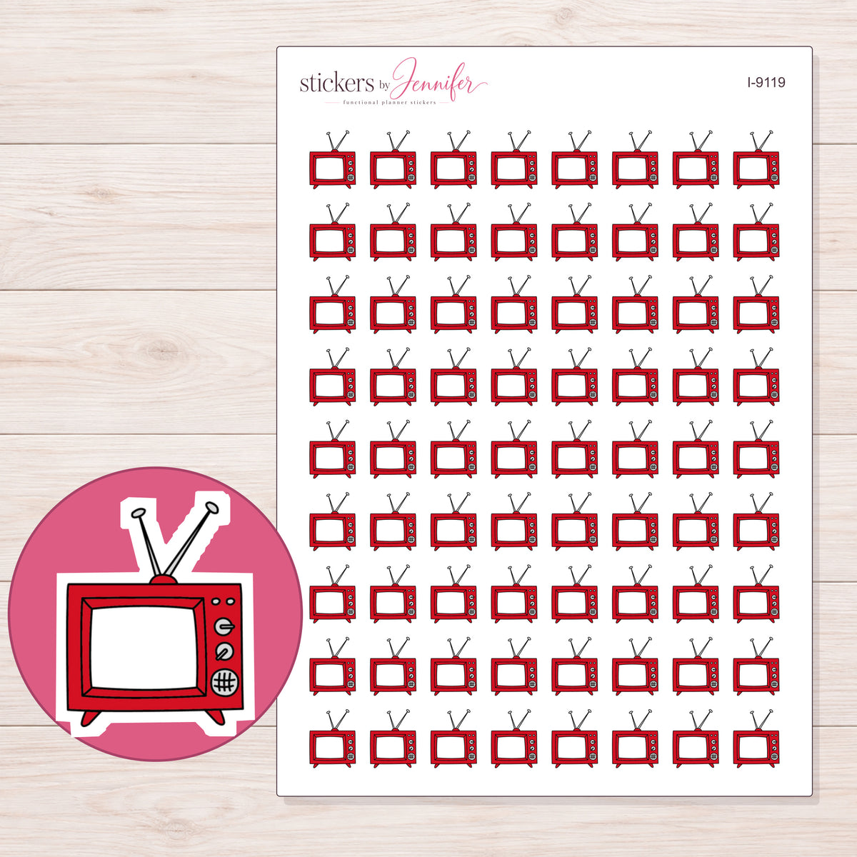 Red Box Television Planner Stickers | I-9119 — 5 × 7 inch sheet and enlarged sticker detail