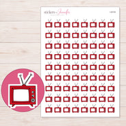 Red Box Television Planner Stickers | I-9119 — 5 × 7 inch sheet and enlarged sticker detail