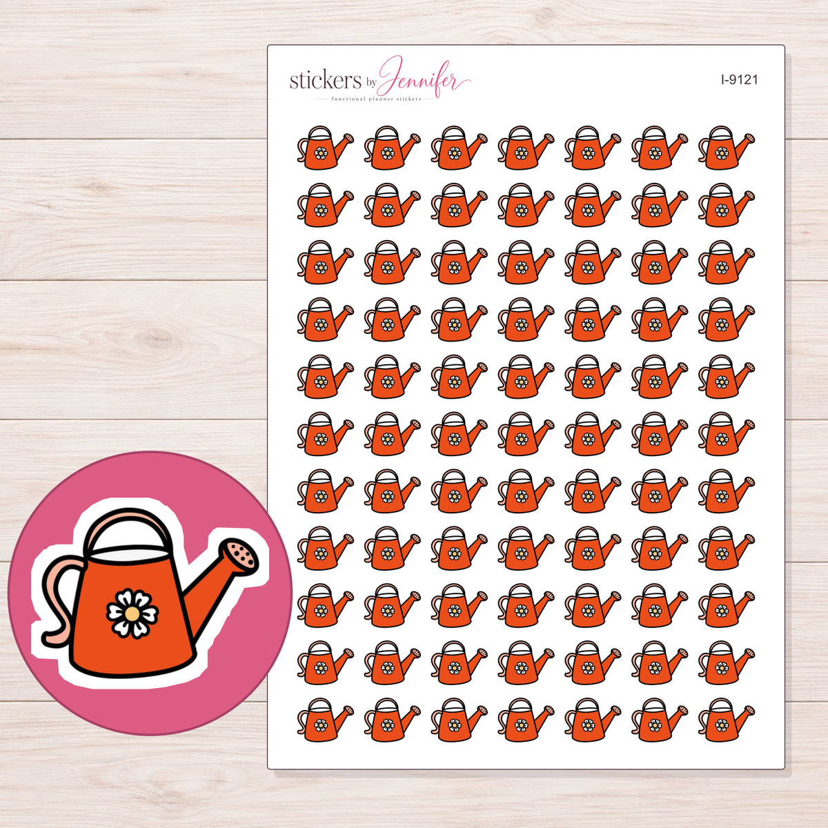 Orange Daisy Watering Can Planner Stickers | I-9121 — 5 × 7 inch sheet and enlarged sticker detail