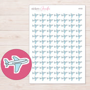 Pale Blue Airplane Planner Stickers | I-9122 — 5 × 7 inch sheet and enlarged sticker detail