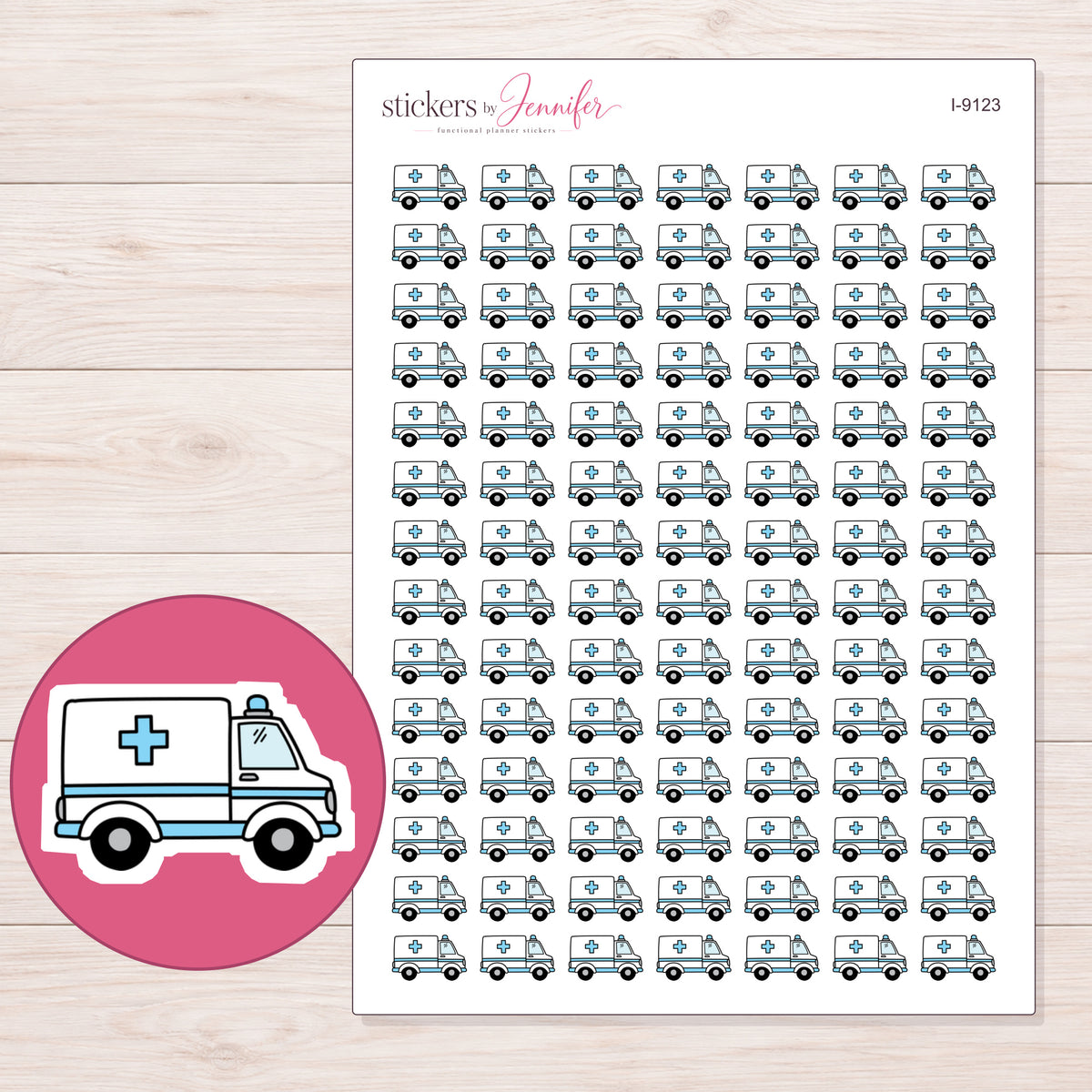 Blue Cross Ambulance Planner Stickers | I-9123 — 5 × 7 inch sheet and enlarged sticker detail