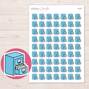 Blue Filing Cabinet Planner Stickers | I-9124 — 5 × 7 inch sheet and enlarged sticker detail