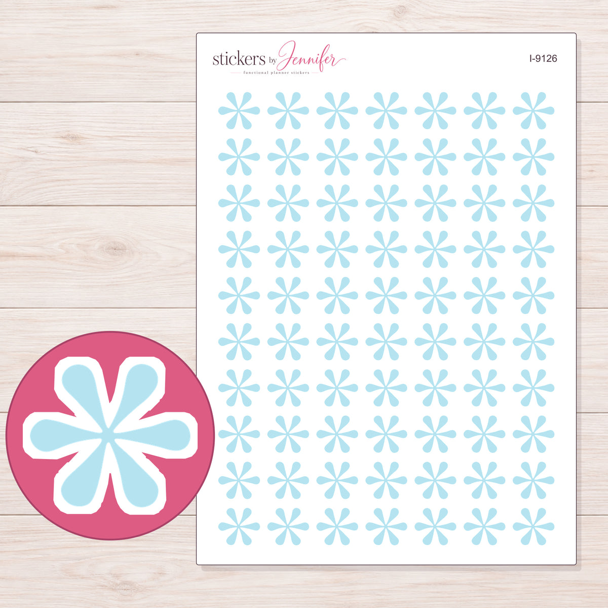 Pale Blue Asterisk Planner Stickers | I-9126 — 5 × 7 inch sheet and enlarged sticker detail