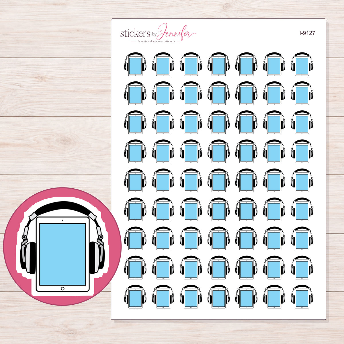 Blue Audiobook Tablet Planner Stickers | I-9127 — 5 × 7 inch sheet and enlarged sticker detail