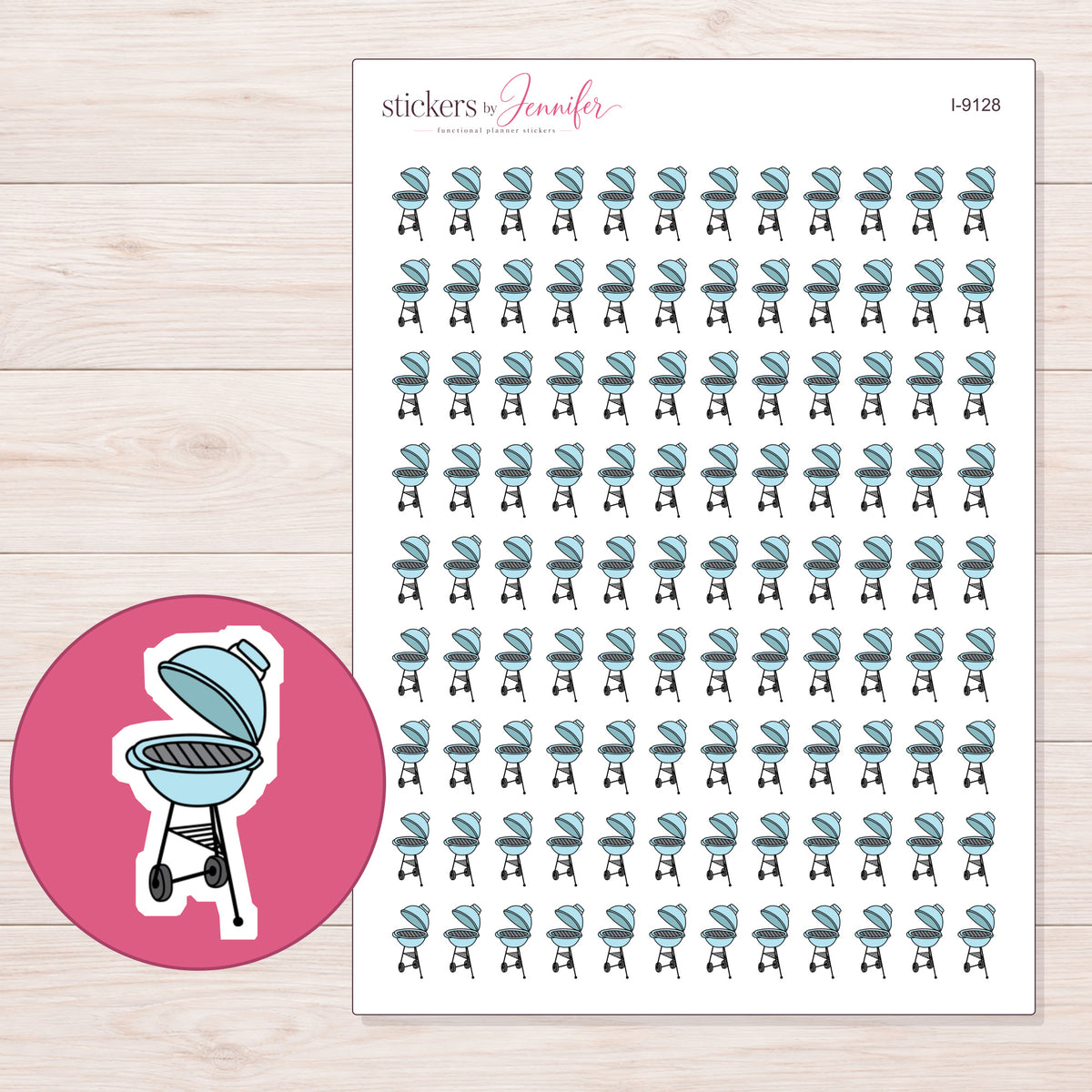 Pale Blue Barbecue Grill Planner Stickers | I-9128 — 5 × 7 inch sheet and enlarged sticker detail