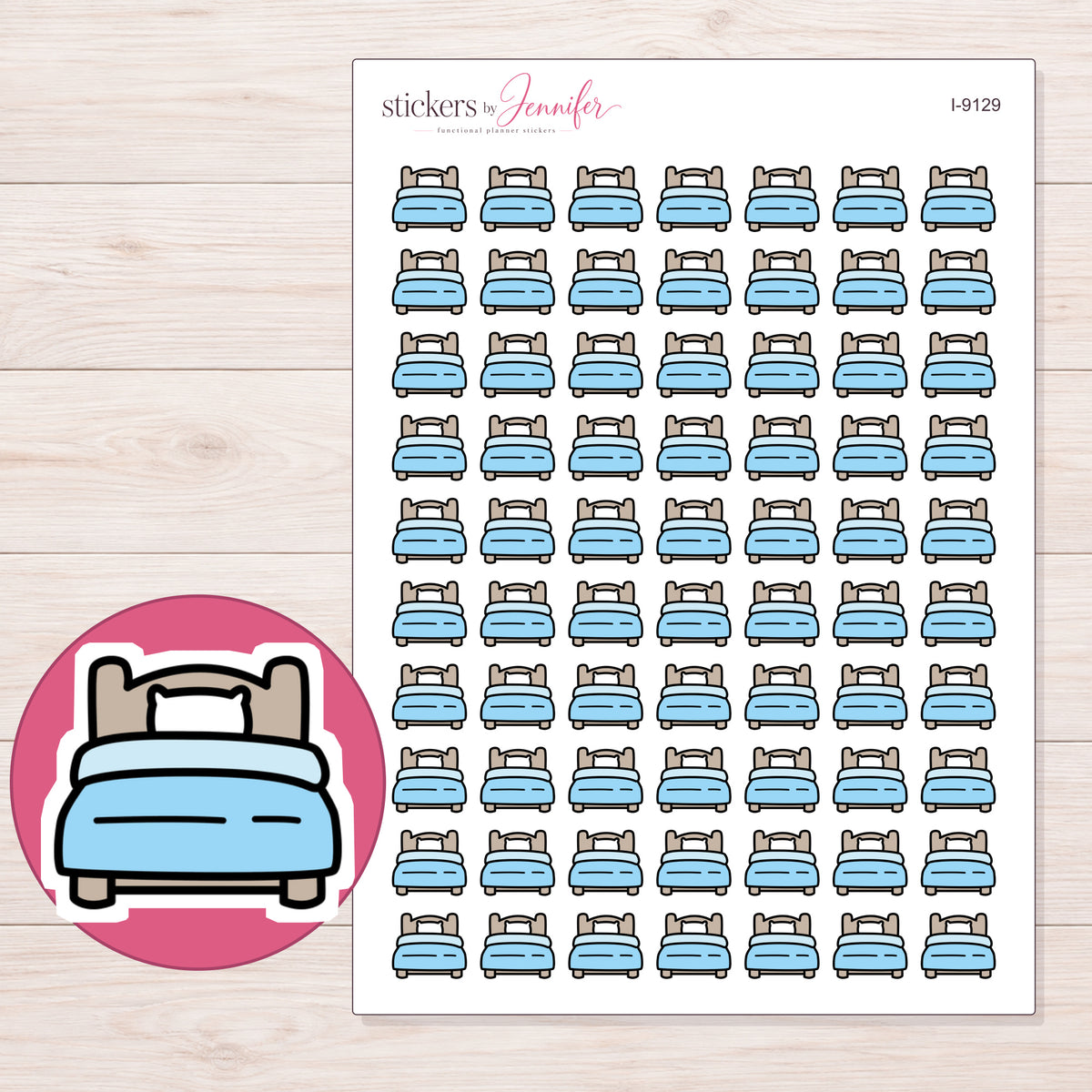 Blue Single Bed Planner Stickers | I-9129 — 5 × 7 inch sheet and enlarged sticker detail