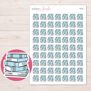 Stack of Blue Books Planner Stickers | I-9130 — 5 × 7 inch sheet and enlarged sticker detail