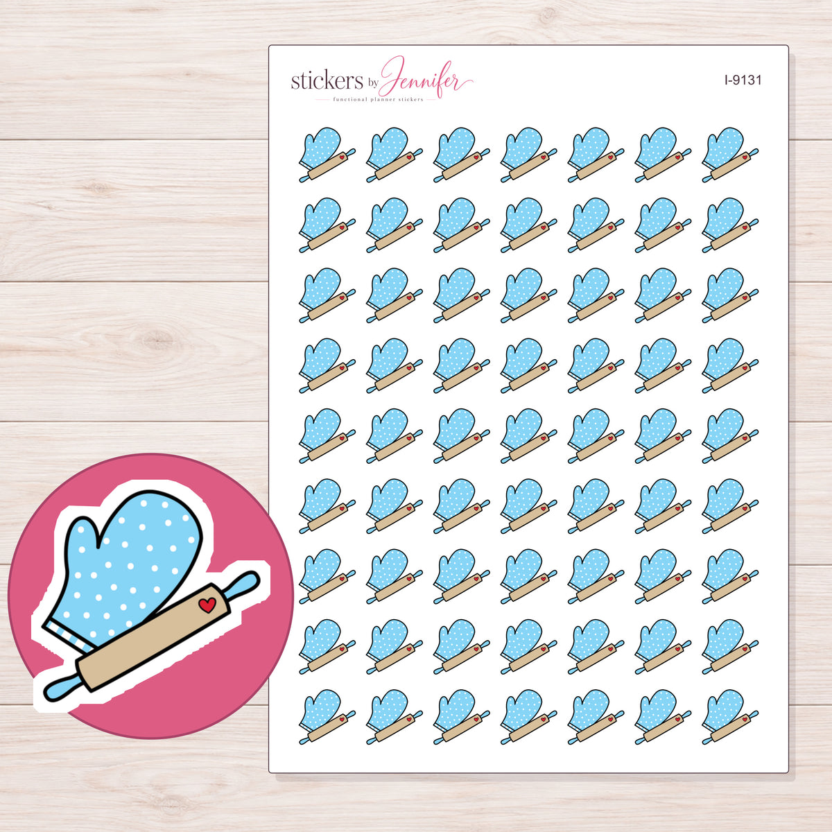 Blue Oven Mitt and Rolling Pin Planner Stickers | I-9131 — 5 × 7 inch sheet and enlarged sticker detail
