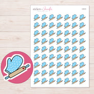 Blue Oven Mitt and Rolling Pin Planner Stickers | I-9131 — 5 × 7 inch sheet and enlarged sticker detail