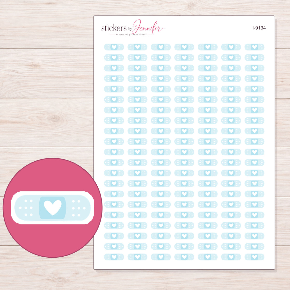 Pale Blue Heart Bandage Planner Stickers | I-9134 — 5 × 7 inch sheet and enlarged sticker detail