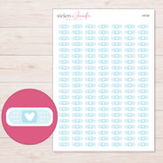Pale Blue Heart Bandage Planner Stickers | I-9134 — 5 × 7 inch sheet and enlarged sticker detail