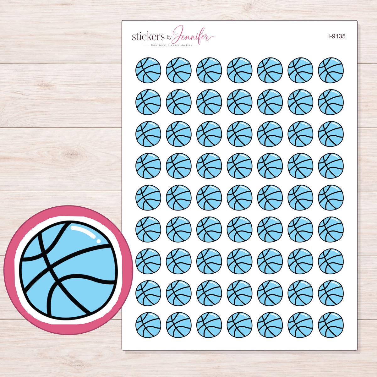 Blue Basketball Planner Stickers | I-9135 — 5 × 7 inch sheet and enlarged sticker detail