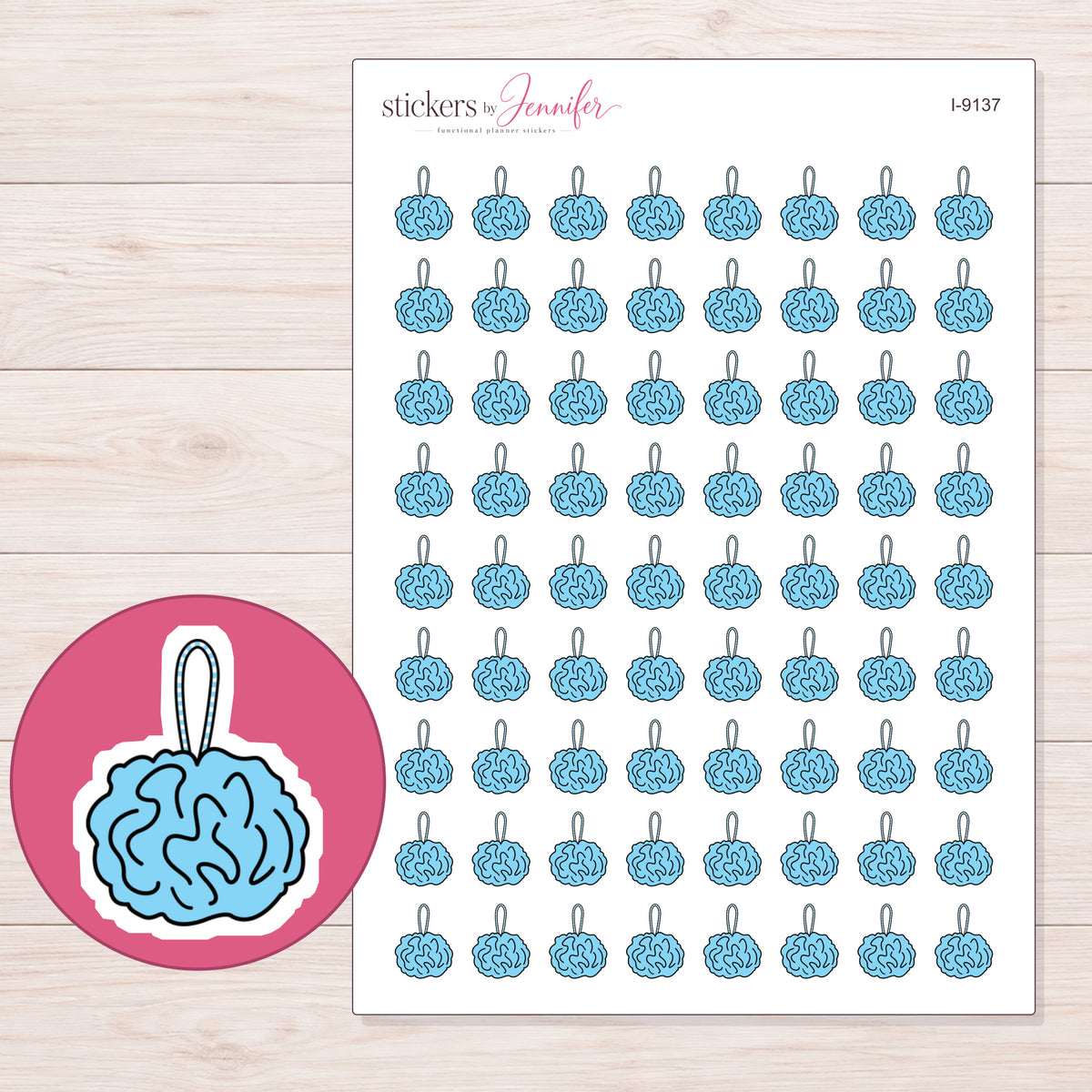 Blue Bath Pouf Planner Stickers | I-9137 — 5 × 7 inch sheet and enlarged sticker detail