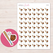 Baseball Bat Ball and Glove Planner Stickers | I-9139 — 5 × 7 inch sheet and enlarged sticker detail