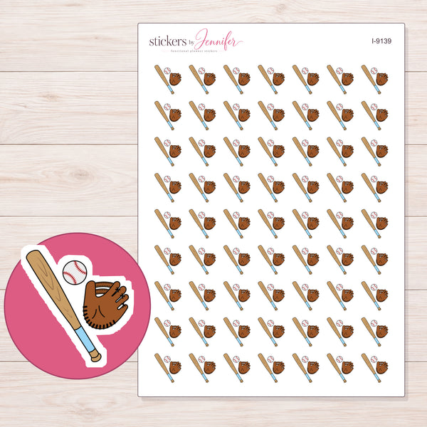 Baseball Bat Ball and Glove Planner Stickers | I-9139 — 5 × 7 inch sheet and enlarged sticker detail